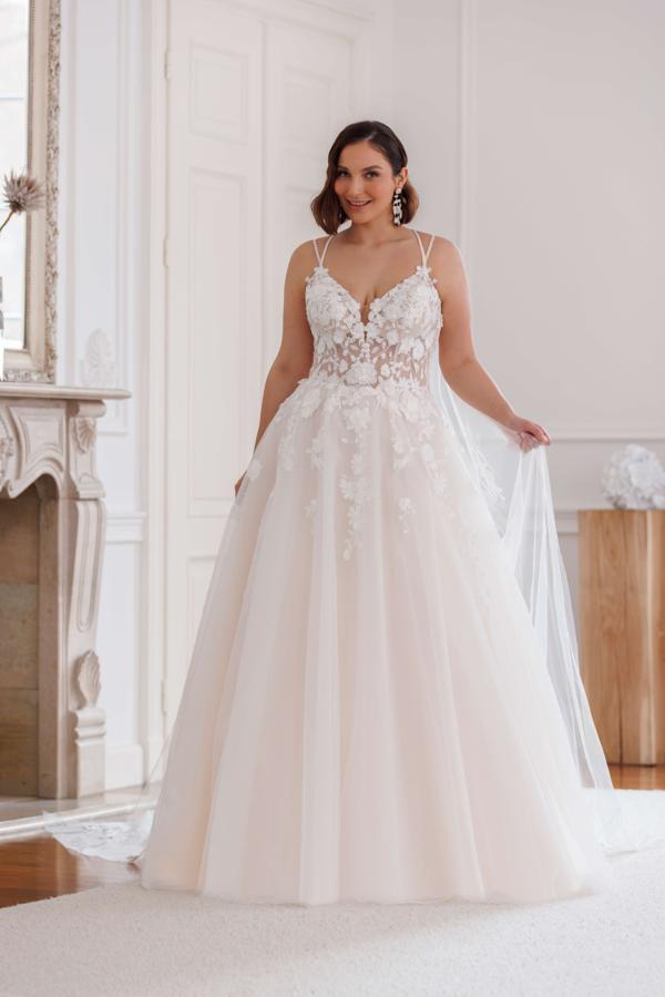Brautkleid 2026 von Jarice mit Spitzen-Corsage, doppelten Spaghettiträgern und romantischer A-Linie von Bianca’s Brautmoden