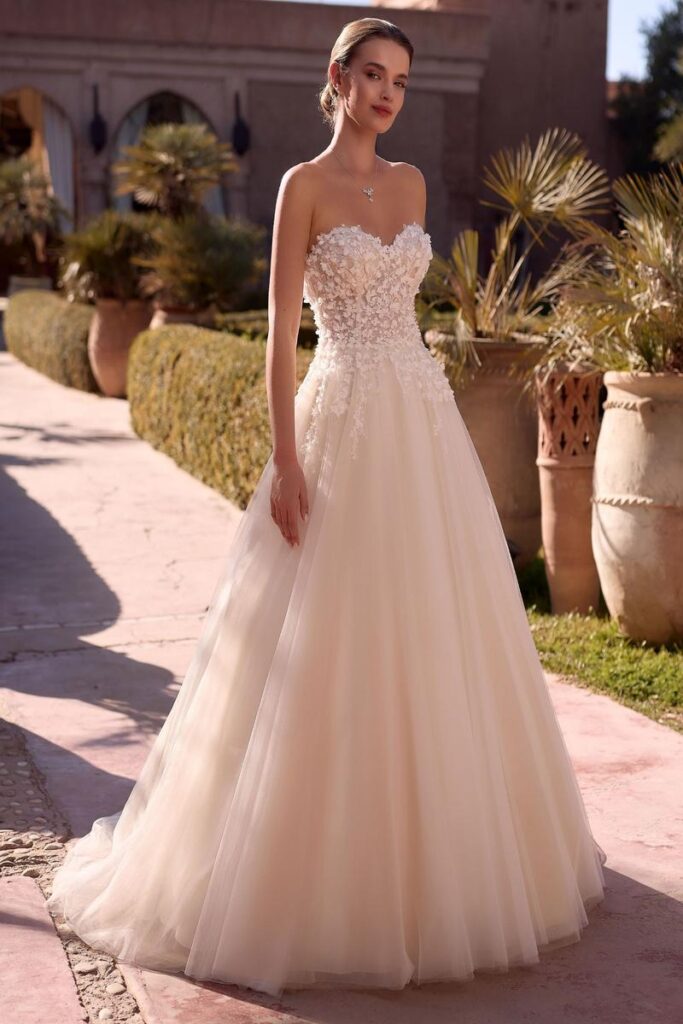 Bianco Evento Brautkleid 2026 mit Spitze und herzförmigem Ausschnitt in A-Linie, romantisch und elegant.