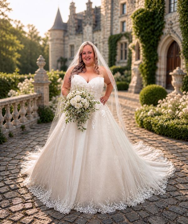 Curvybraut in einem Prinzessinnenbrautkeid ohne Träger in blush.