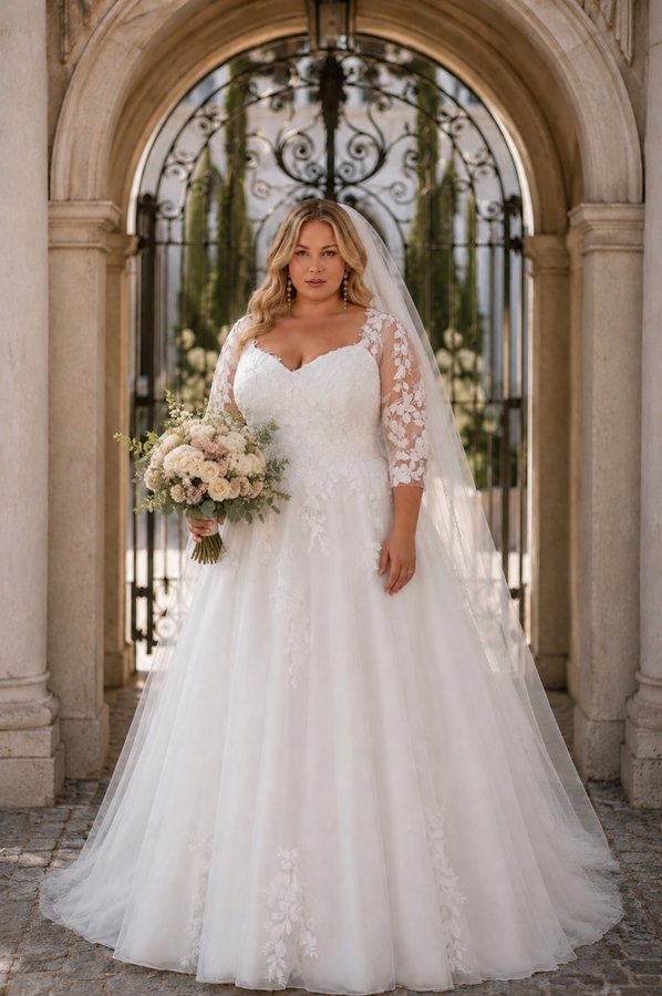 Romantisches Curvybrautkleid mit langen Spitzenärmeln