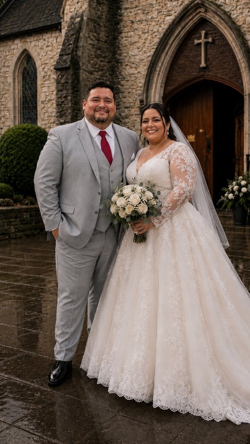 Curvybrautpaar an der Hochzeit- Er in einem grauen Anzug in Übergröße, sie in einem Brautkleid Plussize mit viel Spitze und langen Ärmeln