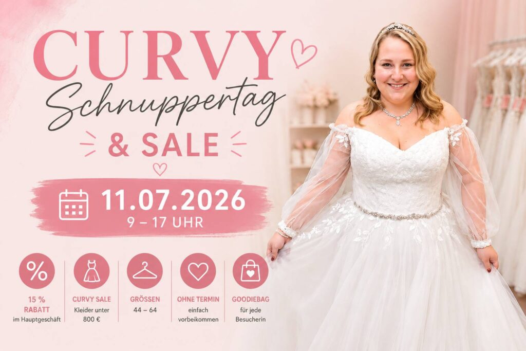 Curvybrautkleid Schnuppertag. Braut in einem romantischen Brautkleid mit langen transparenten Ärmeln während des Curvy Schnuppertags bei Bianca's Brautmoden. Informationen zum Curvy Sale am 11.07.2026 mit 15 % Rabatt, Brautkleidern in den Größen 44 bis 64 und vielen Modellen unter 800 Euro.