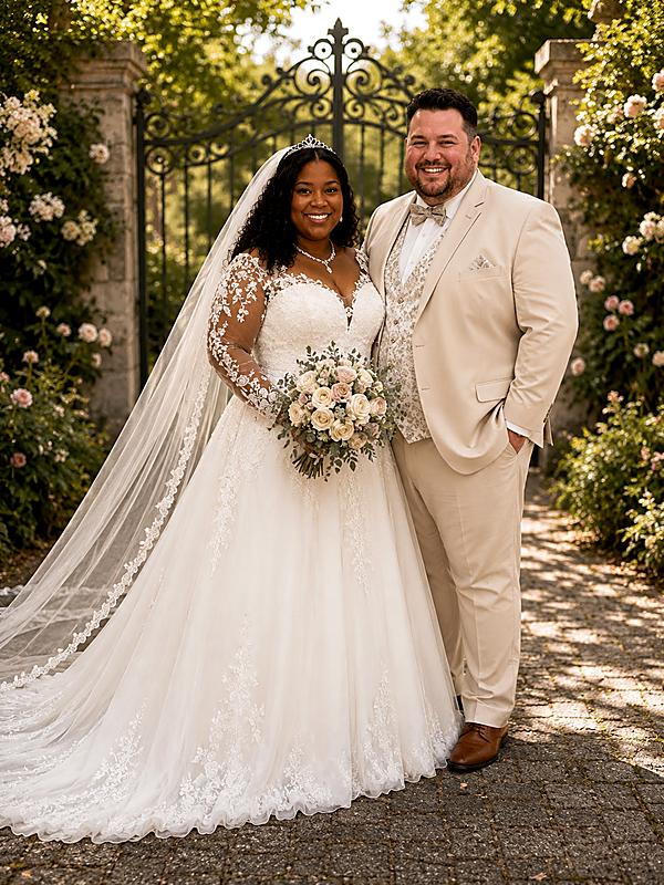 Glückliches Curvy Brautpaar an seinem Hochzeitstag. Die Braut trägt ein Brautkleid mit langen Spitzenärmeln, der Bräutigam einen beigen Hochzeitsanzug in großer Größe.