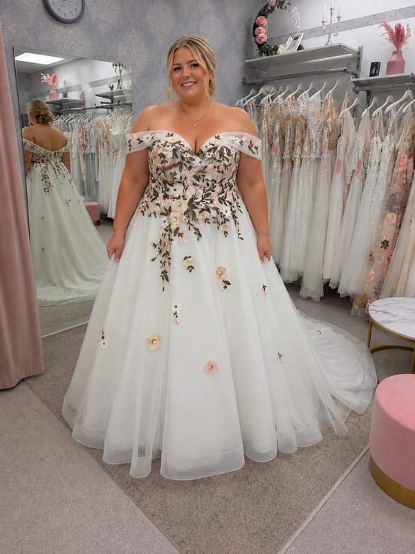 Außergewöhnliches Curvy Brautkleid in A-Linie mit farbiger Blumenstickerei und Carmen-Ausschnitt bei Bianca's Brautmoden Bad Kreuznach