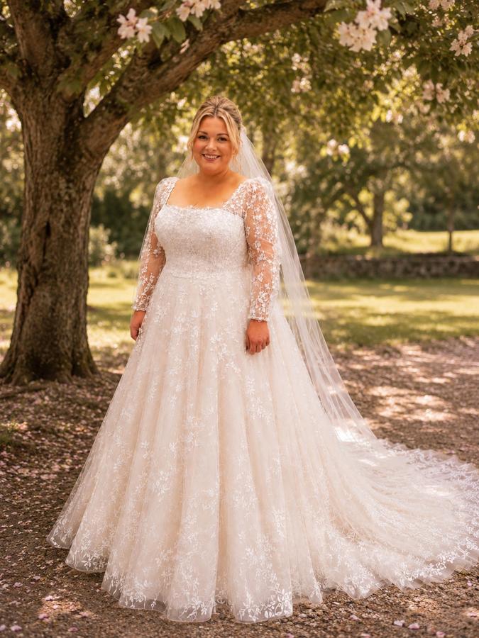Curvy Braut im romantischen Brautkleid mit langen Spitzenärmeln und floraler Spitze unter blühenden Bäumen bei Bianca's Brautmoden Bad Kreuznach