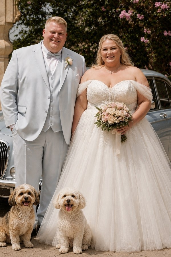 Kräftiges Brautpaar an ihrem Hochzeitstag in einem hellgrauen Anzug und sie in einem romantischen Tüllkleid